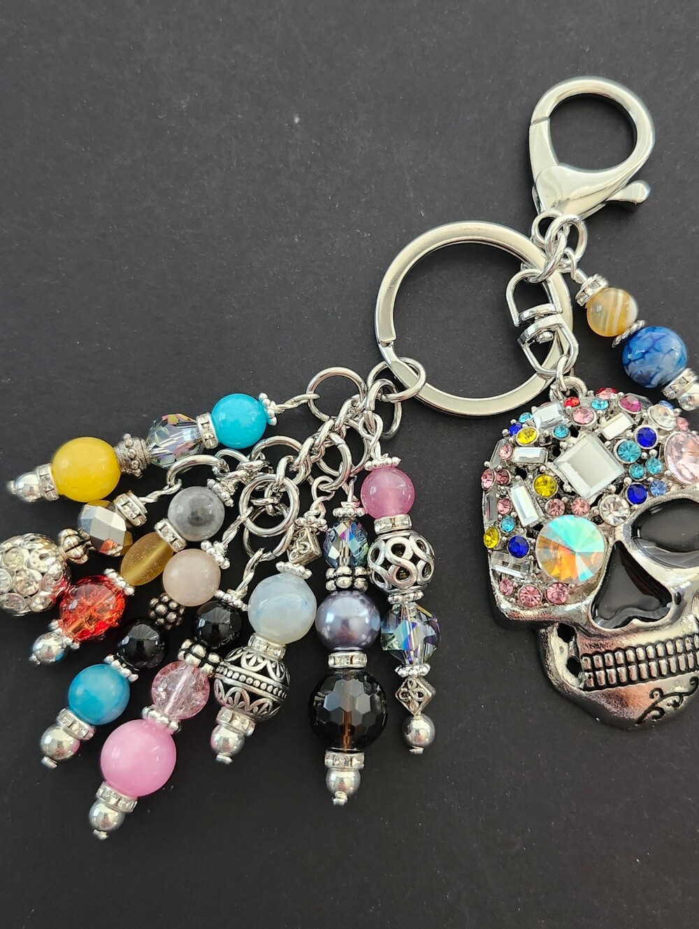 Skull Purse Charm or Keychain Rhinestone Quartz Jade Jasper Handcrafted